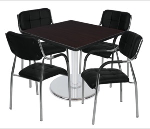 Via 48" Square Platter Base Table - Mocha Walnut/Chrome & 4 Uptown Side Chairs - Black