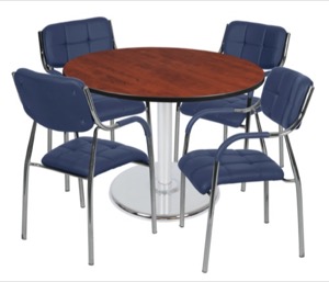 Via 48" Round Platter Base Table - Cherry/Chrome & 4 Uptown Side Chairs - Navy