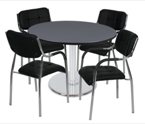 Via 48" Round Platter Base Table - Grey/Chrome & 4 Uptown Side Chairs - Black