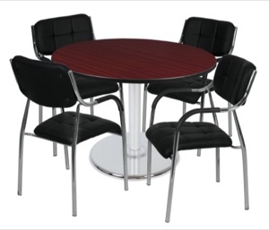 Via 48" Round Platter Base Table - Mahogany/Chrome & 4 Uptown Side Chairs - Black