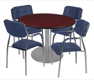 Via 48" Round Platter Base Table - Mahogany/Grey & 4 Uptown Side Chairs - Navy