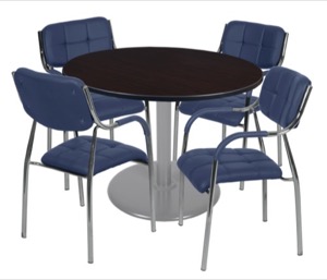 Via 48" Round Platter Base Table - Mocha Walnut/Grey & 4 Uptown Side Chairs - Navy