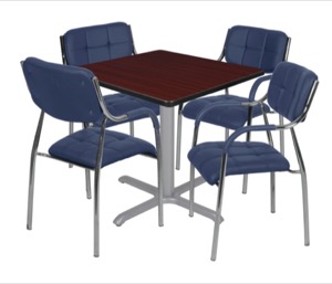 Via 36" Square X-Base Table - Mahogany/Grey & 4 Uptown Side Chairs - Navy