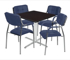 Via 36" Square X-Base Table - Mocha Walnut/Chrome & 4 Uptown Side Chairs - Navy