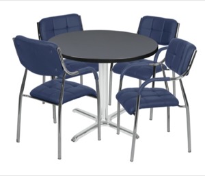 Via 36" Round X-Base Table - Grey/Chrome & 4 Uptown Side Chairs - Navy