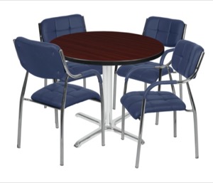 Via 36" Round X-Base Table - Mahogany/Chrome & 4 Uptown Side Chairs - Navy