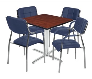 Via 42" Square X-Base Table - Cherry/Chrome & 4 Uptown Side Chairs - Navy