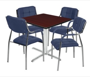 Via 42" Square X-Base Table - Mahogany/Chrome & 4 Uptown Side Chairs - Navy