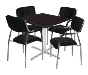 Via 42" Square X-Base Table - Mocha Walnut/Chrome & 4 Uptown Side Chairs - Black