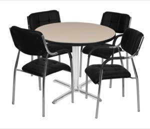 Via 42" Round X-Base Table - Beige/Chrome & 4 Uptown Side Chairs - Black