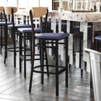 Wright - Commercial Bar Stool & Vinyl Upholstered Seat and Wood Boomerang Back - Natural Birch Wood Back/Blue Vinyl Seat