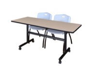 60" x 30" Flip Top Mobile Training Table - Beige and 2 "M" Stack Chairs - Grey