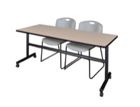 72" x 30" Flip Top Mobile Training Table - Beige and 2 Zeng Stack Chairs - Grey