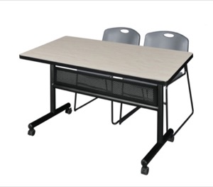 48" x 30" Flip Top Mobile Training Table with Modesty Panel - Maple and 2 Zeng Stack Chairs - Grey