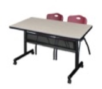 48" x 30" Flip Top Mobile Training Table with Modesty Panel - Maple and 2 "M" Stack Chairs - Burgundy