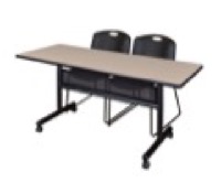 60" x 24" Flip Top Mobile Training Table with Modesty Panel - Beige and 2 Zeng Stack Chairs - Black