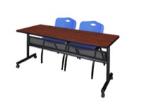 72" x 24" Flip Top Mobile Training Table with Modesty Panel - Cherry and 2 "M" Stack Chairs - Blue