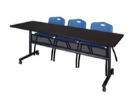 84" x 24" Flip Top Mobile Training Table with Modesty Panel - Mocha Walnut and 3 "M" Stack Chairs - Blue