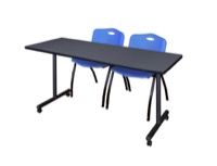 60" x 24" Kobe T-Base Mobile Training Table - Grey & 2 'M' Stack Chairs - Blue