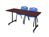 60" x 24" Kobe T-Base Mobile Training Table - Mahogany & 2 'M' Stack Chairs - Blue
