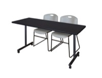 60" x 24" Kobe T-Base Mobile Training Table - Mocha Walnut & 2 Zeng Stack Chairs - Grey