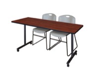 72" x 24" Kobe T-Base Mobile Training Table - Cherry & 2 Zeng Stack Chairs - Grey