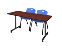 72" x 24" Kobe T-Base Mobile Training Table - Cherry & 2 'M' Stack Chairs - Blue