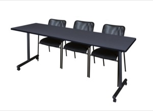 84" x 24" Kobe T-Base Mobile Training Table - Grey & 3 Mario Stack Chairs - Black