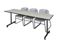 84" x 24" Kobe T-Base Mobile Training Table - Maple & 3 Zeng Stack Chairs - Grey