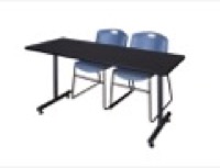 60" x 30" Kobe Training Table - Mocha Walnut and 2 Zeng Stack Chairs - Blue