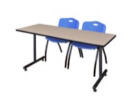 66" x 30" Kobe Training Table - Beige and 2 "M" Stack Chairs - Blue