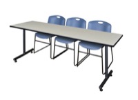 84" x 24" Kobe Training Table - Maple & 3 Zeng Stack Chairs - Blue