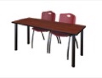 60" x 24" Kee Training Table - Cherry/ Black & 2 'M' Stack Chairs - Burgundy