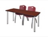 60" x 24" Kee Training Table - Cherry/ Chrome & 2 'M' Stack Chairs - Burgundy