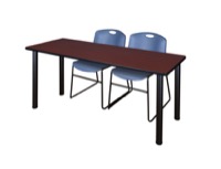 60" x 24" Kee Training Table - Mahogany/ Black & 2 Zeng Stack Chairs - Blue