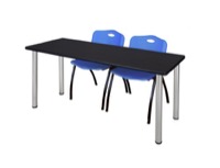 60" x 24" Kee Training Table - Mocha Walnut/ Chrome & 2 'M' Stack Chairs - Blue
