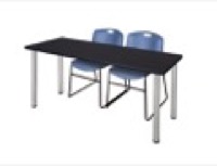 72" x 24" Kee Training Table - Mocha Walnut/ Chrome & 2 Zeng Stack Chairs - Blue