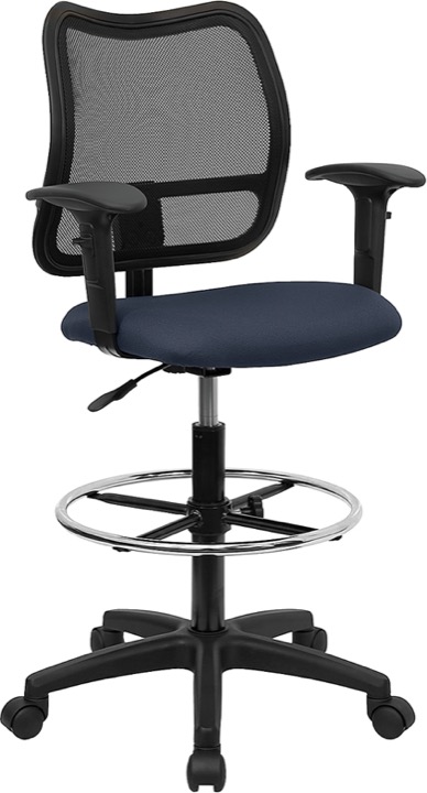 Mesh Drafting Stool Ventilated Mid Back Navy Blue Fabric Seat Arms